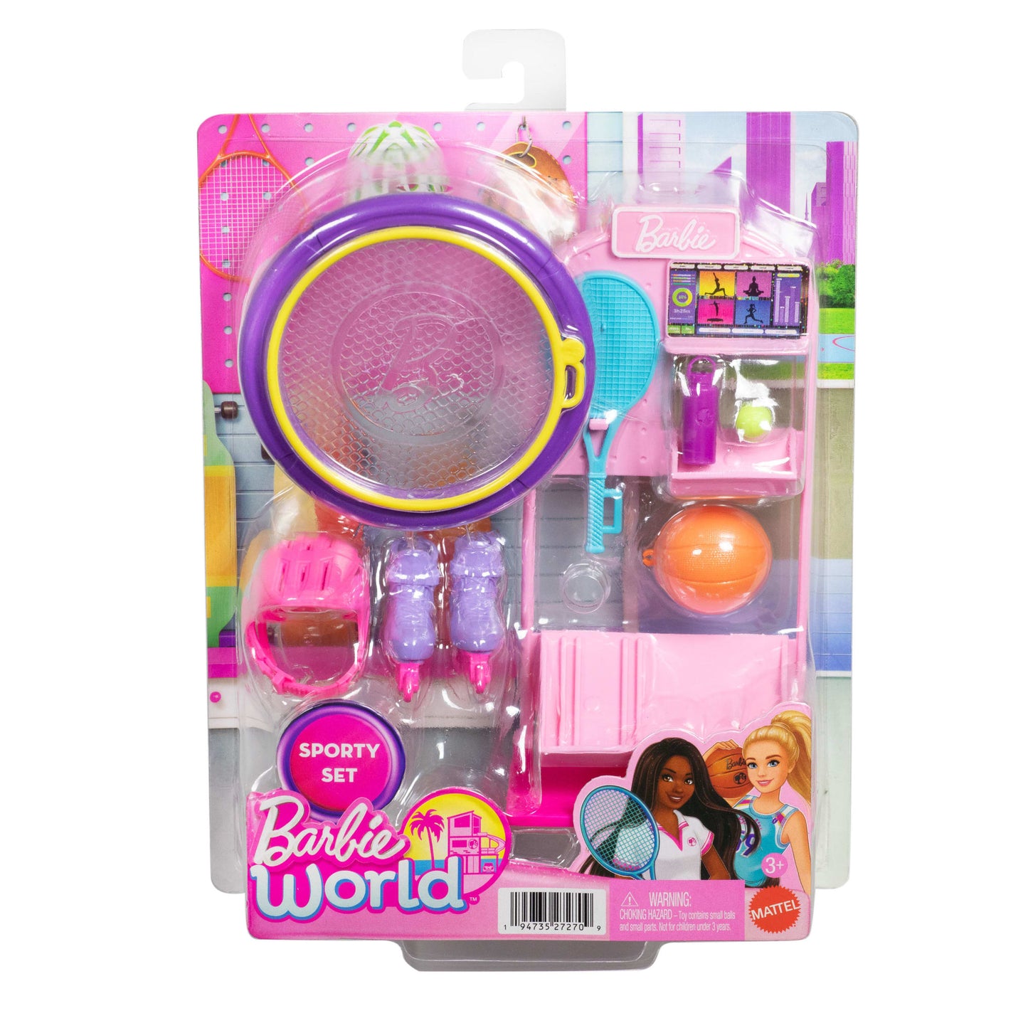 Barbie World Sport Rack Toy Playset With 9 Doll Accessories including Trampoline, Tennis Racket, & Skates