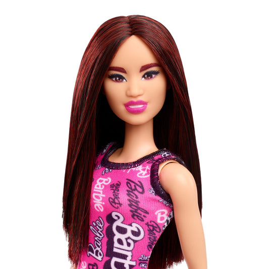 Barbie Poupée Mode Avec Cheveux Bourgogne Foncé, Robe Rose, Chauss.