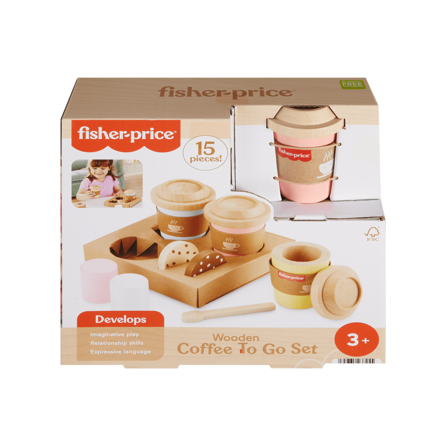 Fisher-Price Coffret Café Pour Emporter en Bois, 15Éléments