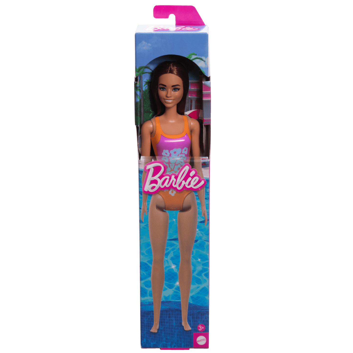 Barbie Poupée Plage Cheveux Brun Clair, Maillot Rose et Orange
