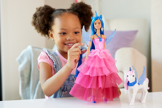 Barbie 65Anniversaire Poupée et Animal Licorne Ailée, Ch. Bleus