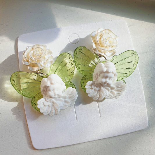 Luninana Clip-on Earrings - Angel Butterfly with White Rose Earrings LL007