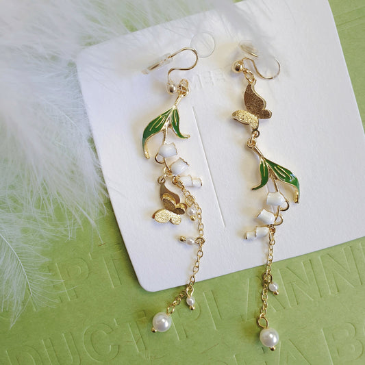 Luninana Clip-on Earrings - Snowdrop Flower with Golden Butterfly Earrings LL020