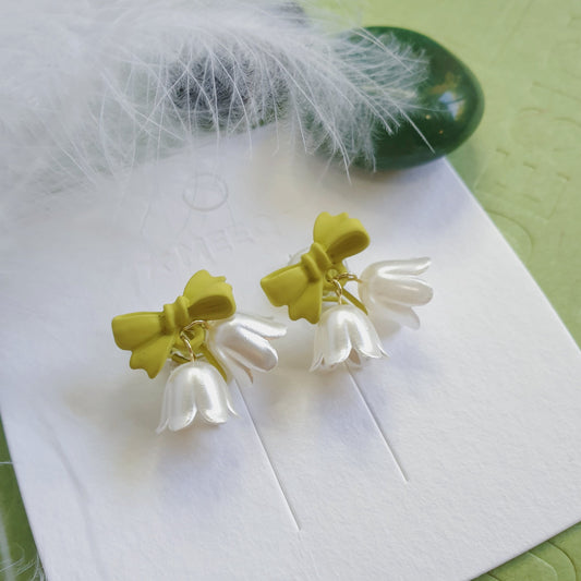 Luninana Clip-on Earrings - White Bluebell with Green Ribbon Earrings LL022