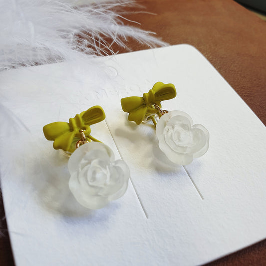 Luninana Clip-on Earrings - White Rose with Green Ribbon Earrings LL025