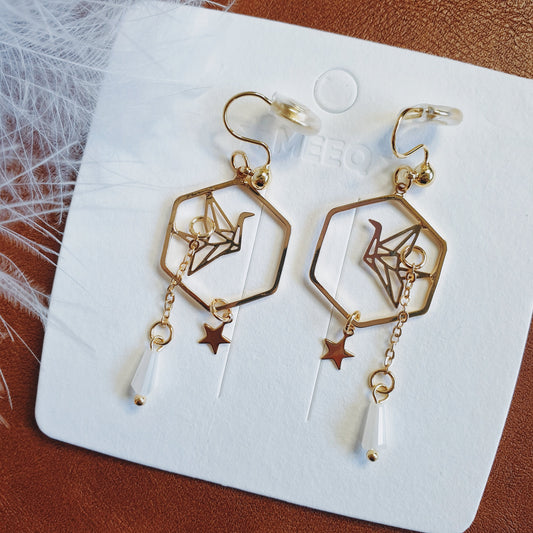 Luninana Clip-on Earrings - Hexagon Golden Origami Crane Earrings LL026