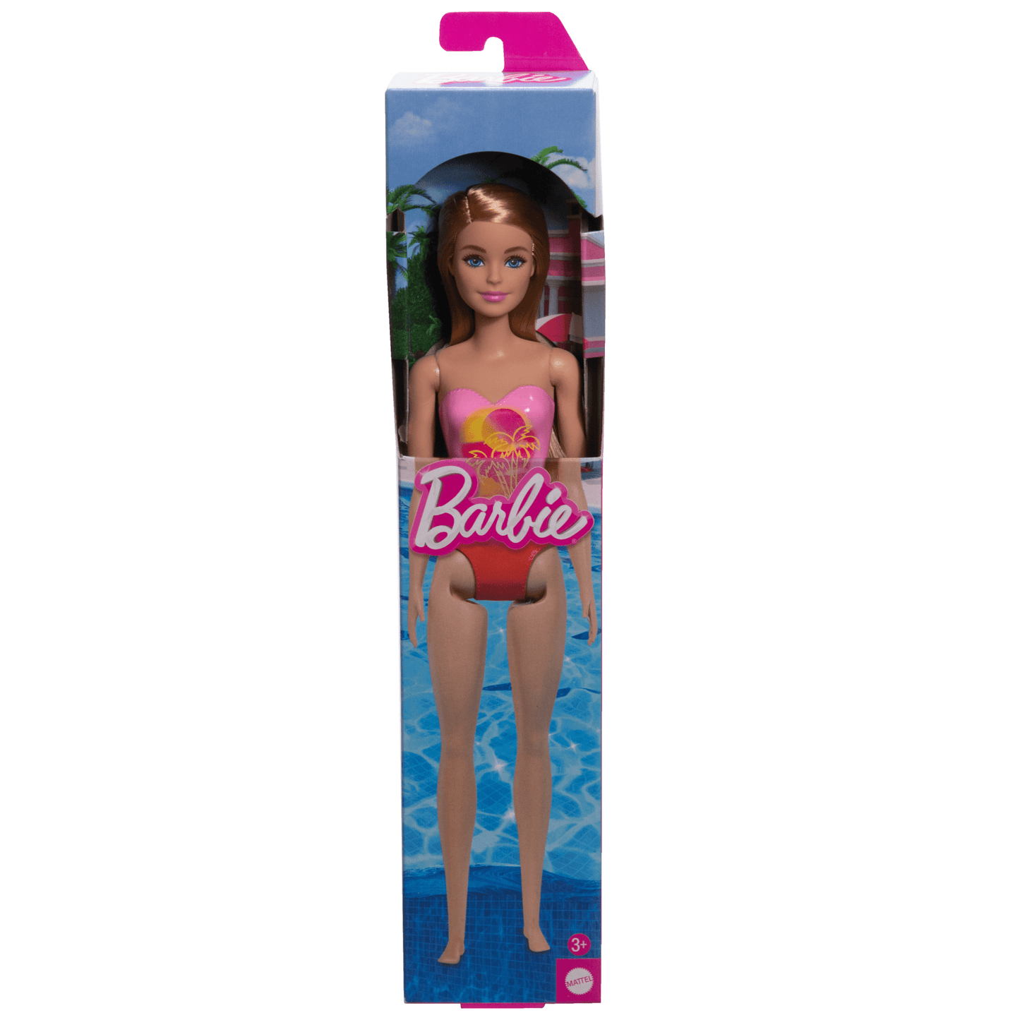 Barbie Poupée Plage Cheveux Blonds, Maillot Rose à Imprimé Palmiers