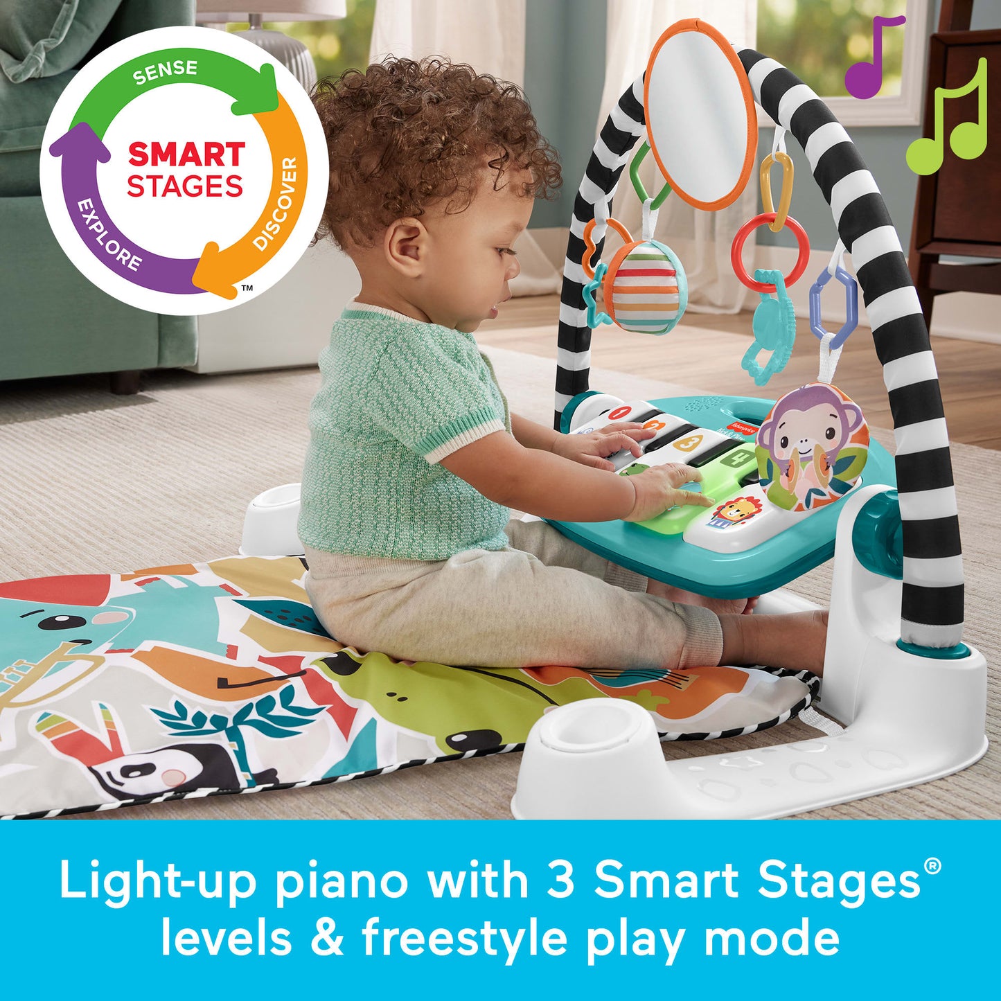 Fisher-Price Glow And Grow Kick & Play Piano Gym Baby Playmat With Musical Learning Toy, Blue