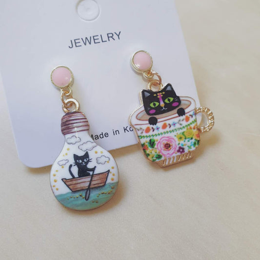 Luninana Earrings - Happy Cat Earrings - Black XJ001