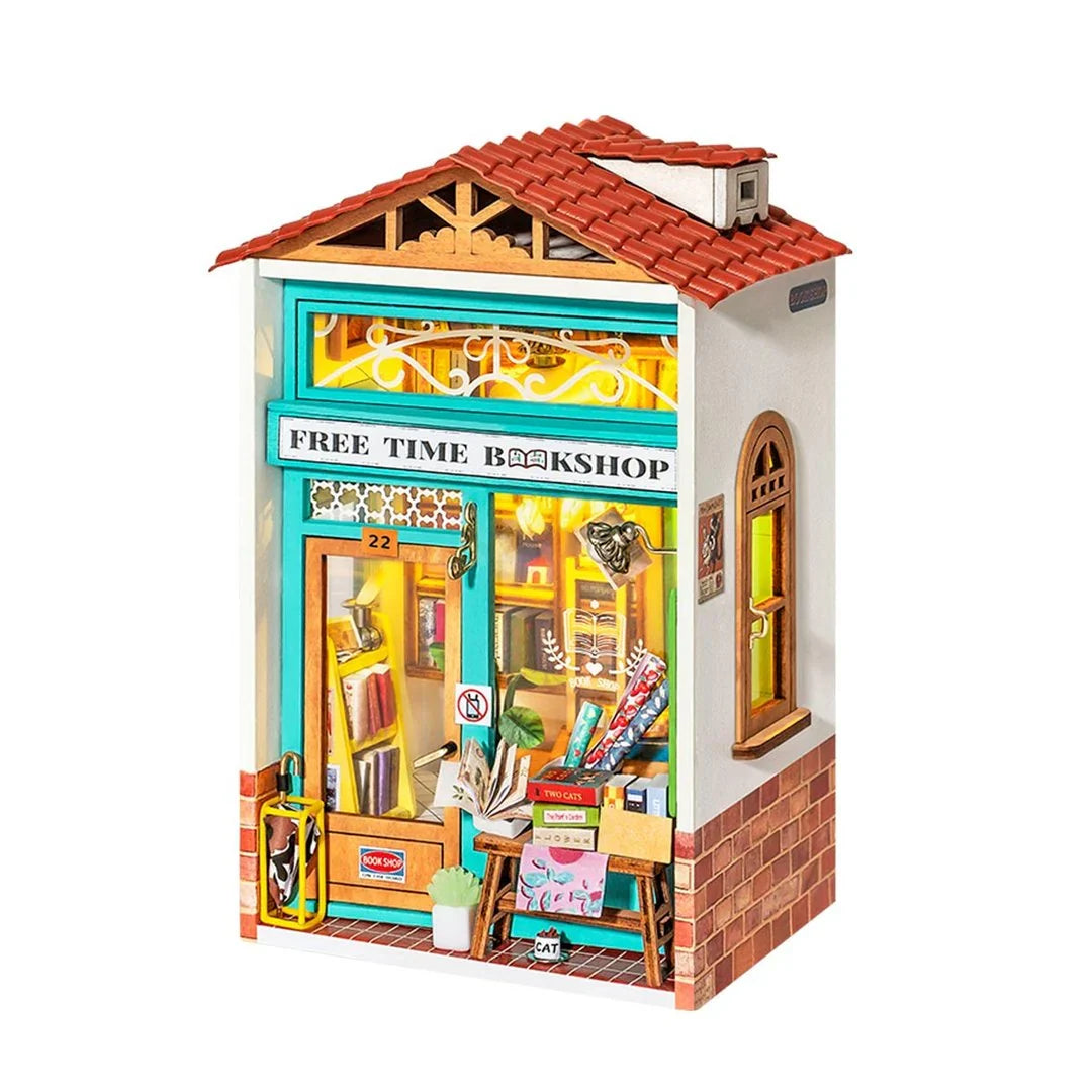 Robotime Rolife 3D DIY Wooden Puzzle Free Time Bookshop Miniature Dollhouse Kit DS008