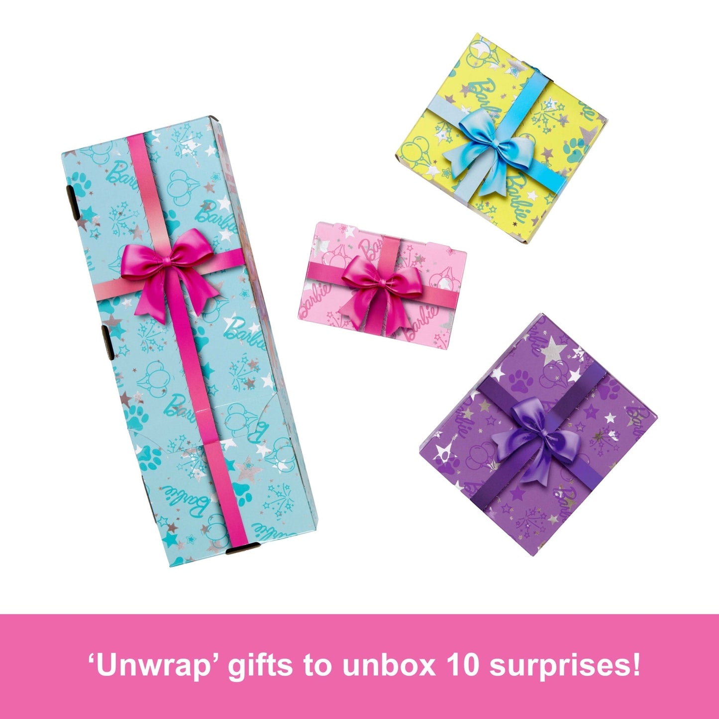 Barbie Party Unboxed Pet Birthday Series Doll & Accessories, Birthday Bows Set With 10 Surprises