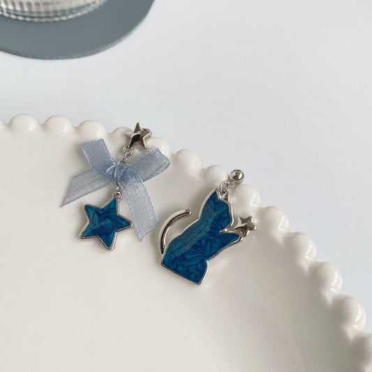 Luninana Clip-on Earrings - Marble Blue Cat Earrings YBY042