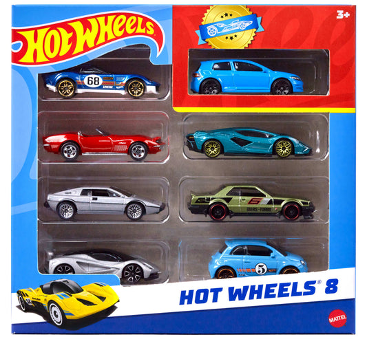 Hot Wheels Set Of 8 Basic Toy Cars & Trucks in 1:64 Scale Including 1 Exclusive Car, Styles May Vary