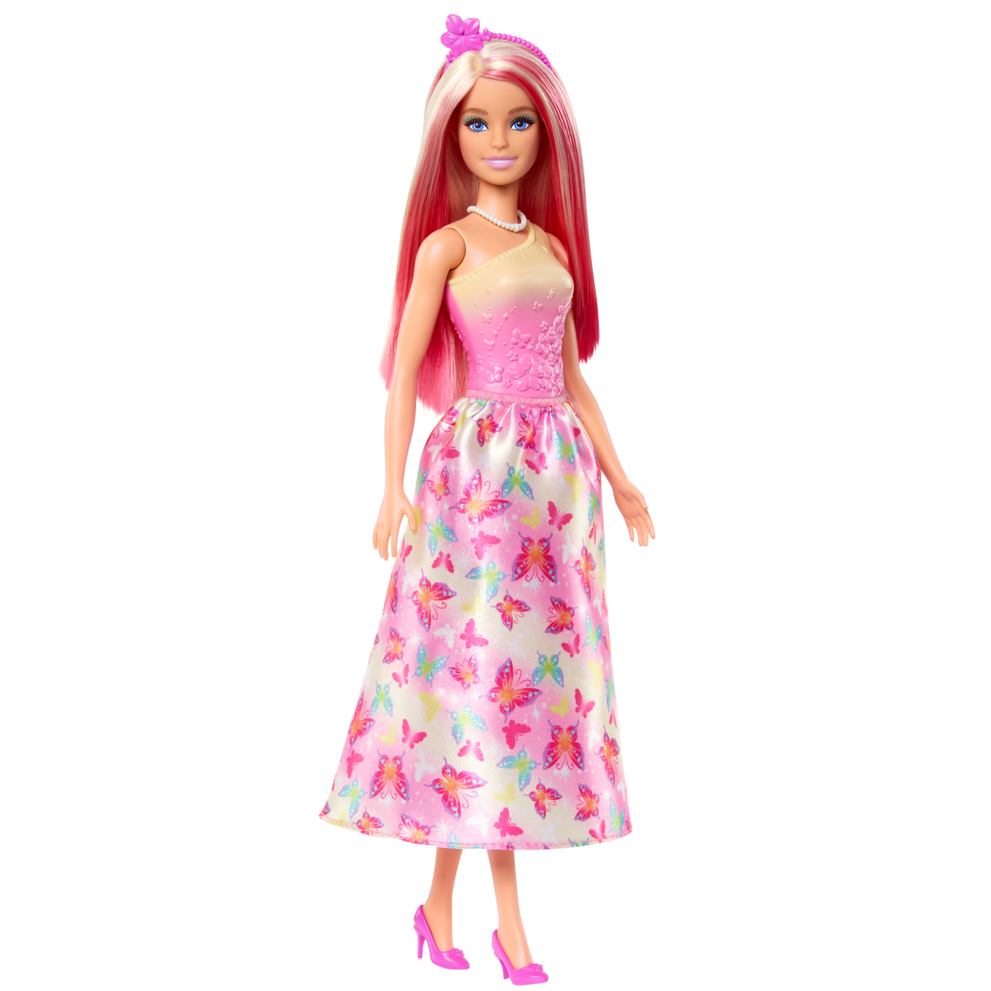 Poupée Barbie Royale Avec Cheveux Roses et Blonds, Jupe à Imprimé de Papillons et Accessoires