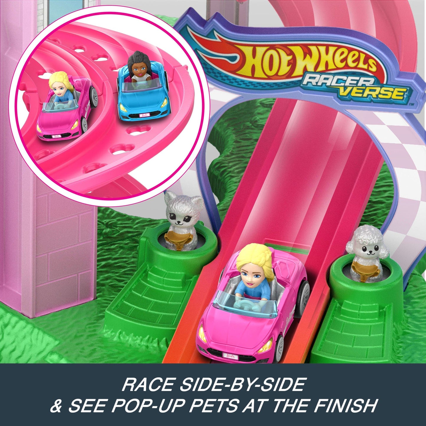 Hot Wheels Racerverse Barbie Spiral Race Track Set With Barbie “Malibu” & Barbie “Brooklyn” Toy Cars