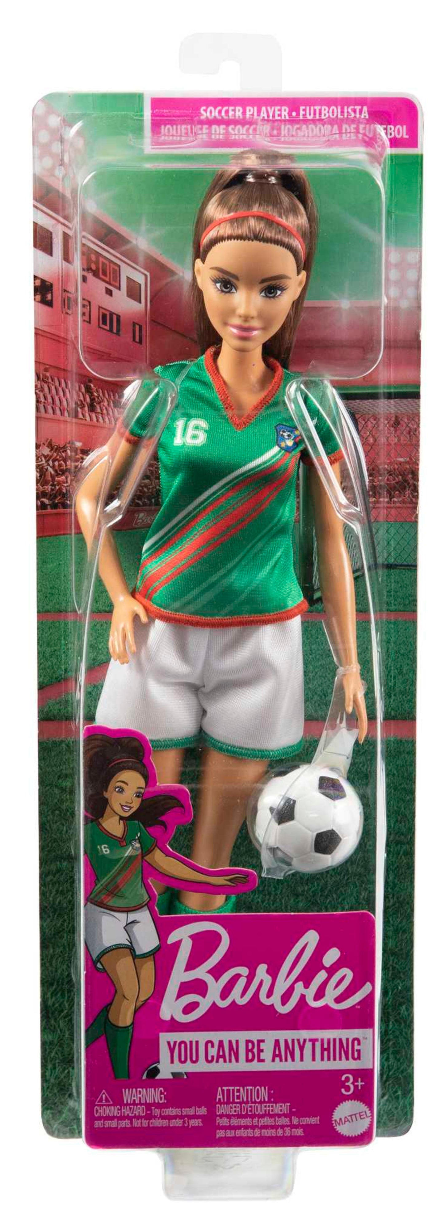 Barbie Soccer Doll, Brunette, #16 Uniform, Soccer Ball, Cleats,  Socks, 3 & Up