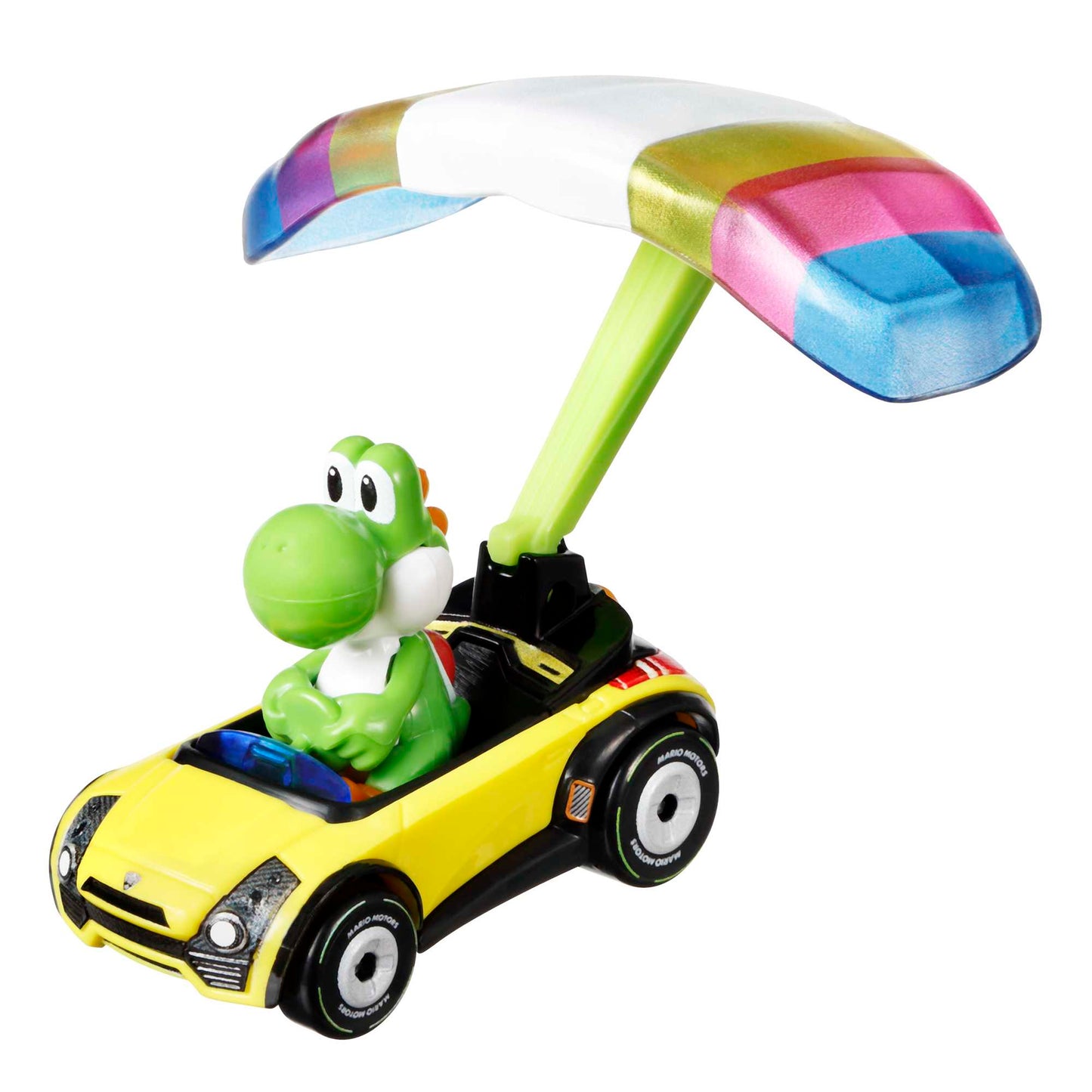 Hot Wheels Mario Kart Vehículo de Juguete Yoshi Sports Coupe con Paracaídas