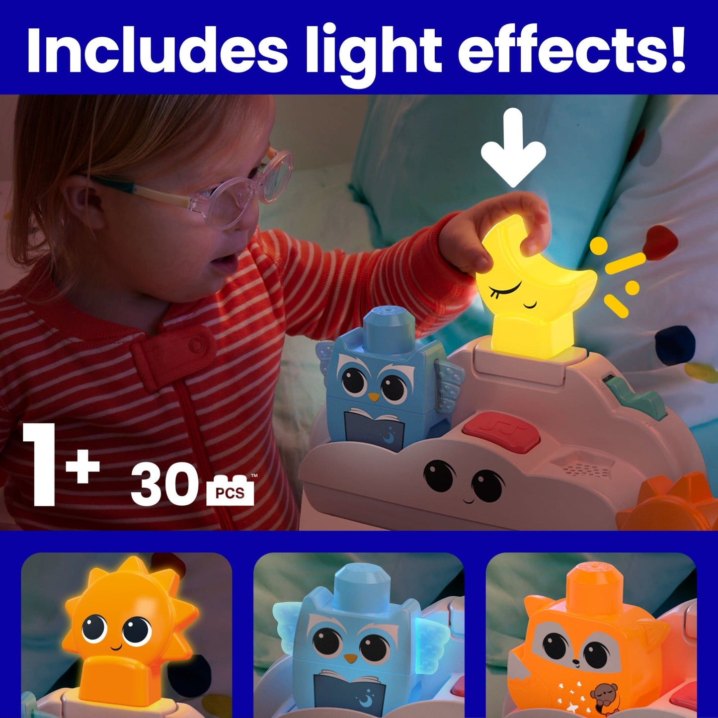 MEGA BLOKS Fisher- Price Rise & Snooze Night Light Sensory Block Toy (30 Pieces) For Toddler