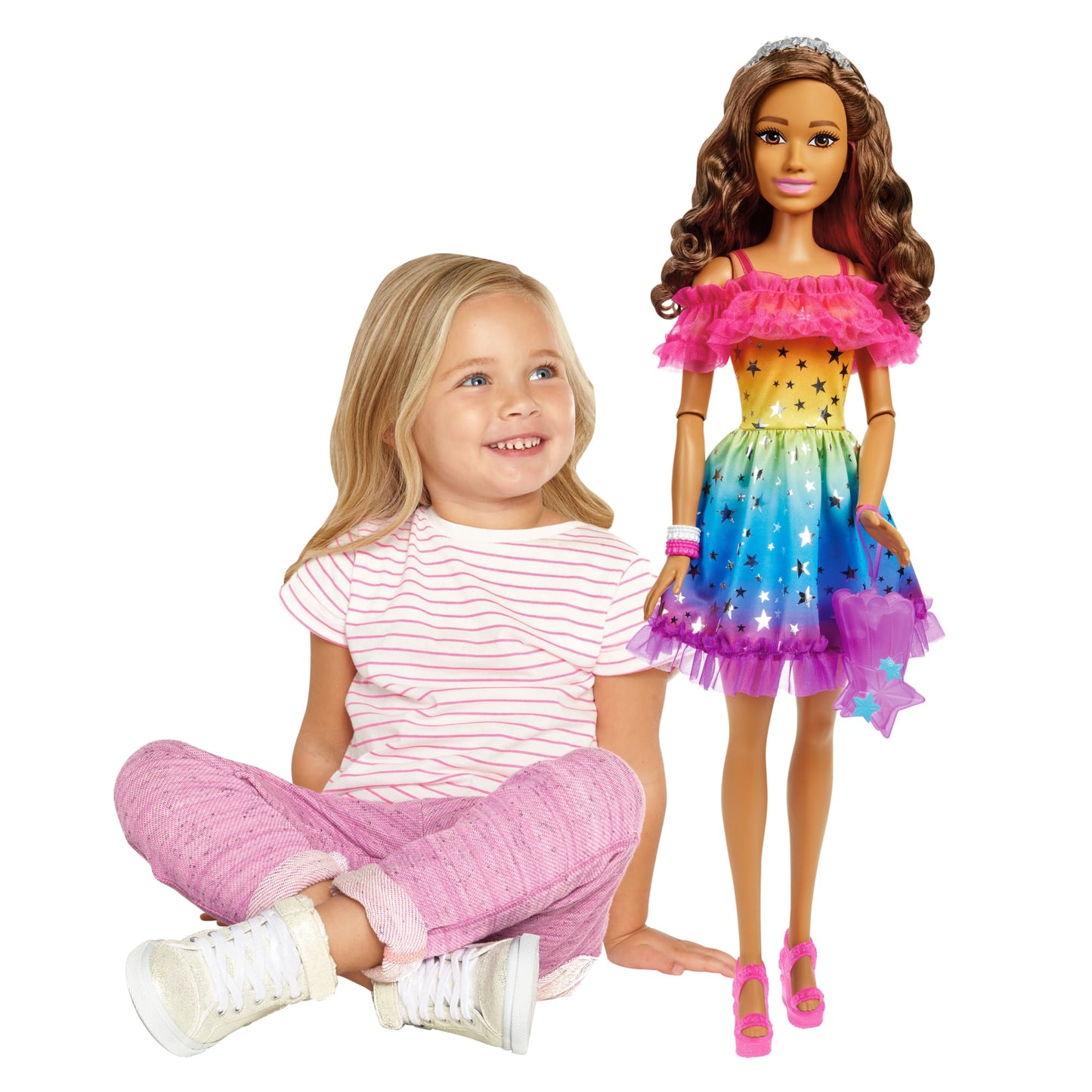 Barbie Poupée Grand Format 71,12 Cm, Brunette, Robe Arc-en-Ciel