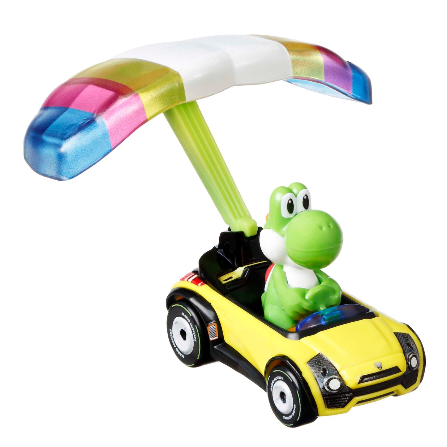Hot Wheels Mario Kart Vehículo de Juguete Yoshi Sports Coupe con Paracaídas
