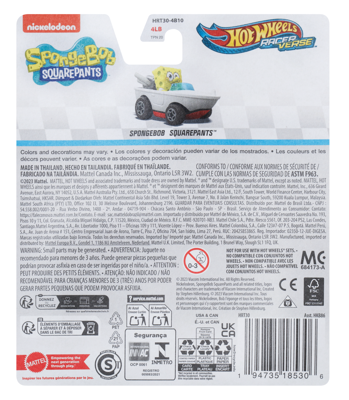 Hot Wheels RacerVerse Vehículo de Juguete Bob Esponja