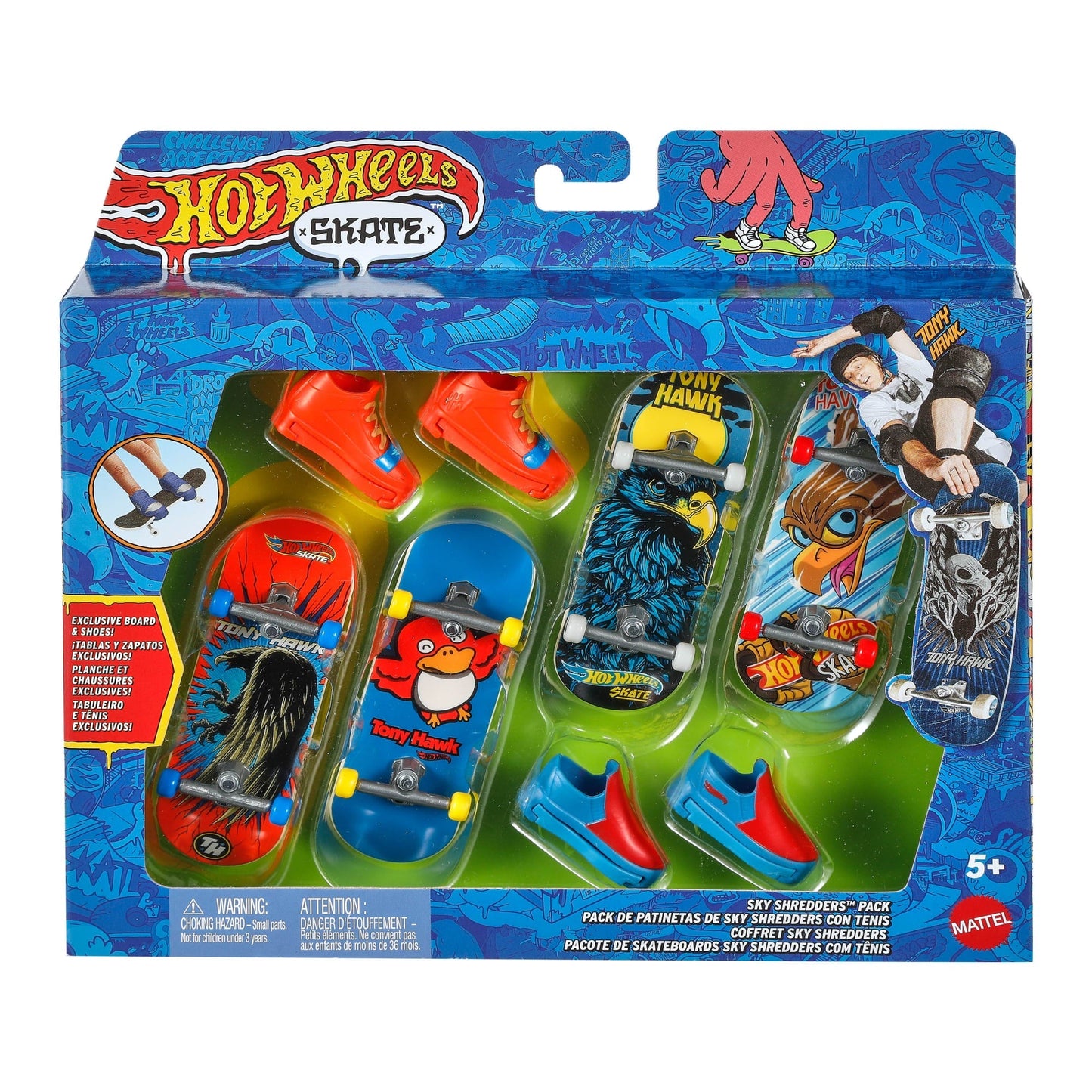 Hot Wheels Skate Vehículo de Juguete Paquete de Patinetas con Tenis Tony Hawk Pájaros