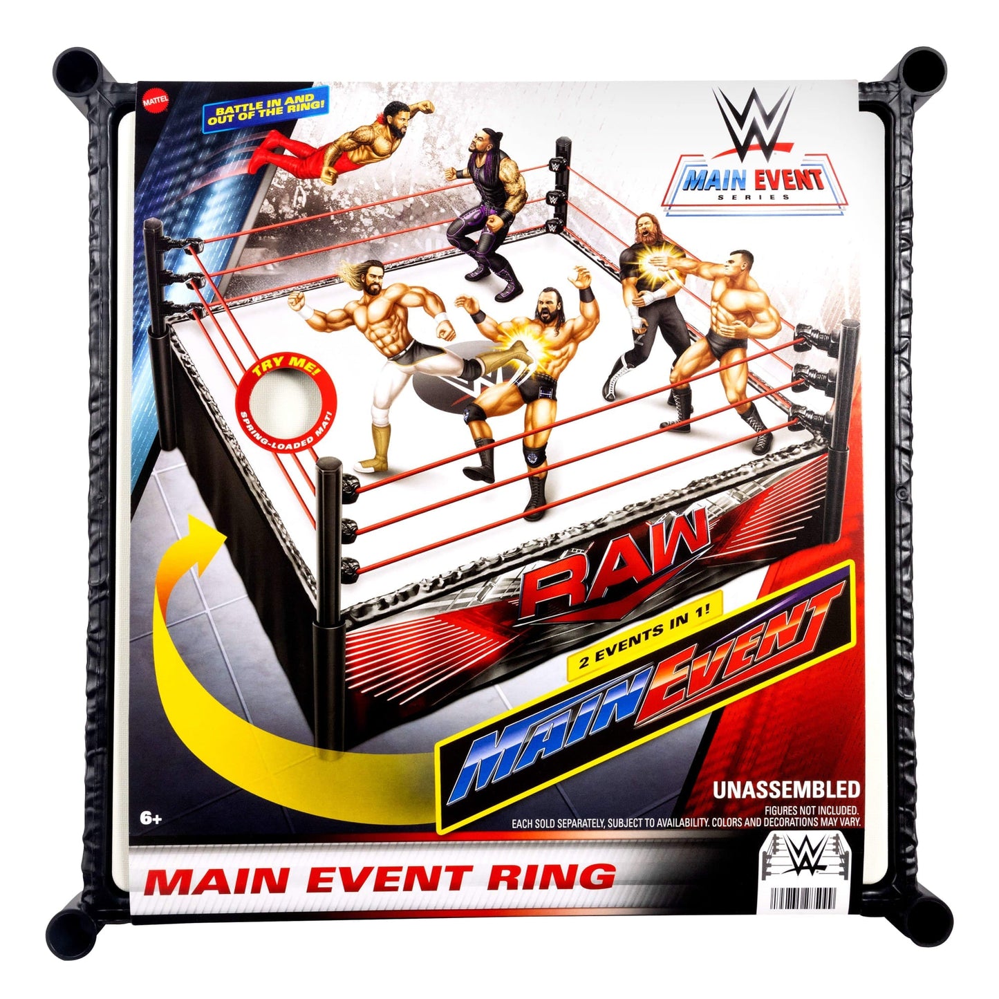 WWE Superstar Ring With Labels For Main EVent & Raw, Spring-Loaded With Elastic Ring Ropes