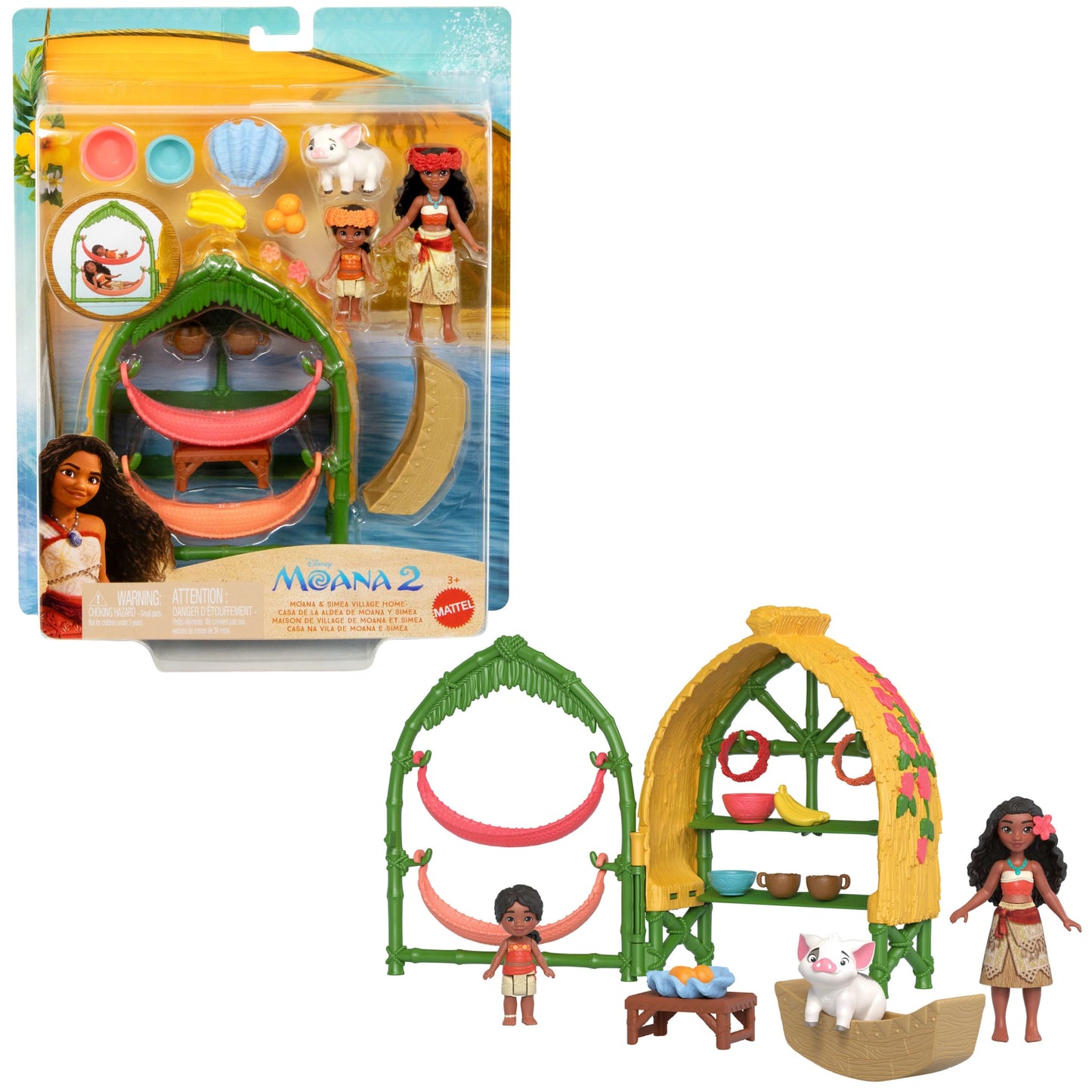 Disney Moana 2 Toys, Moana & Simea Village Home Playset, 2 Small Dolls, Friend Figure & 15 Accessories