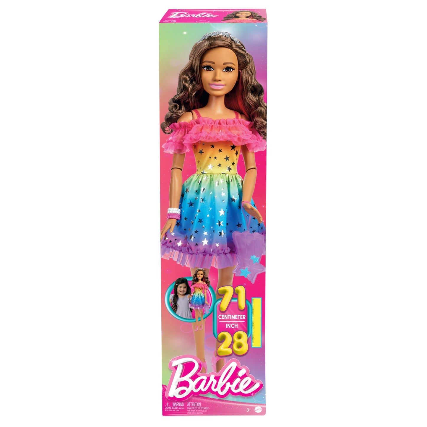 Barbie Poupée Grand Format 71,12 Cm, Brunette, Robe Arc-en-Ciel
