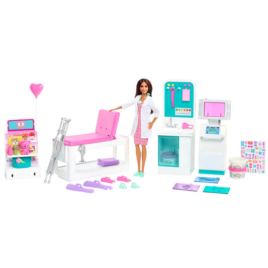 Barbie Fast Cast Clinic Playset With Brunette Barbie Doctor Doll, 4 Play Areas, 30+ Play Pieces