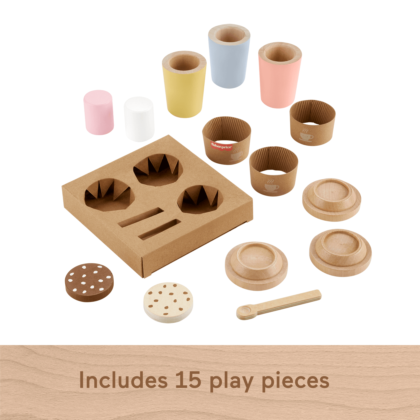 Fisher-Price Wooden Coffee To Go Set, 15-Piece Café Shop Playset Preschool Role-Play