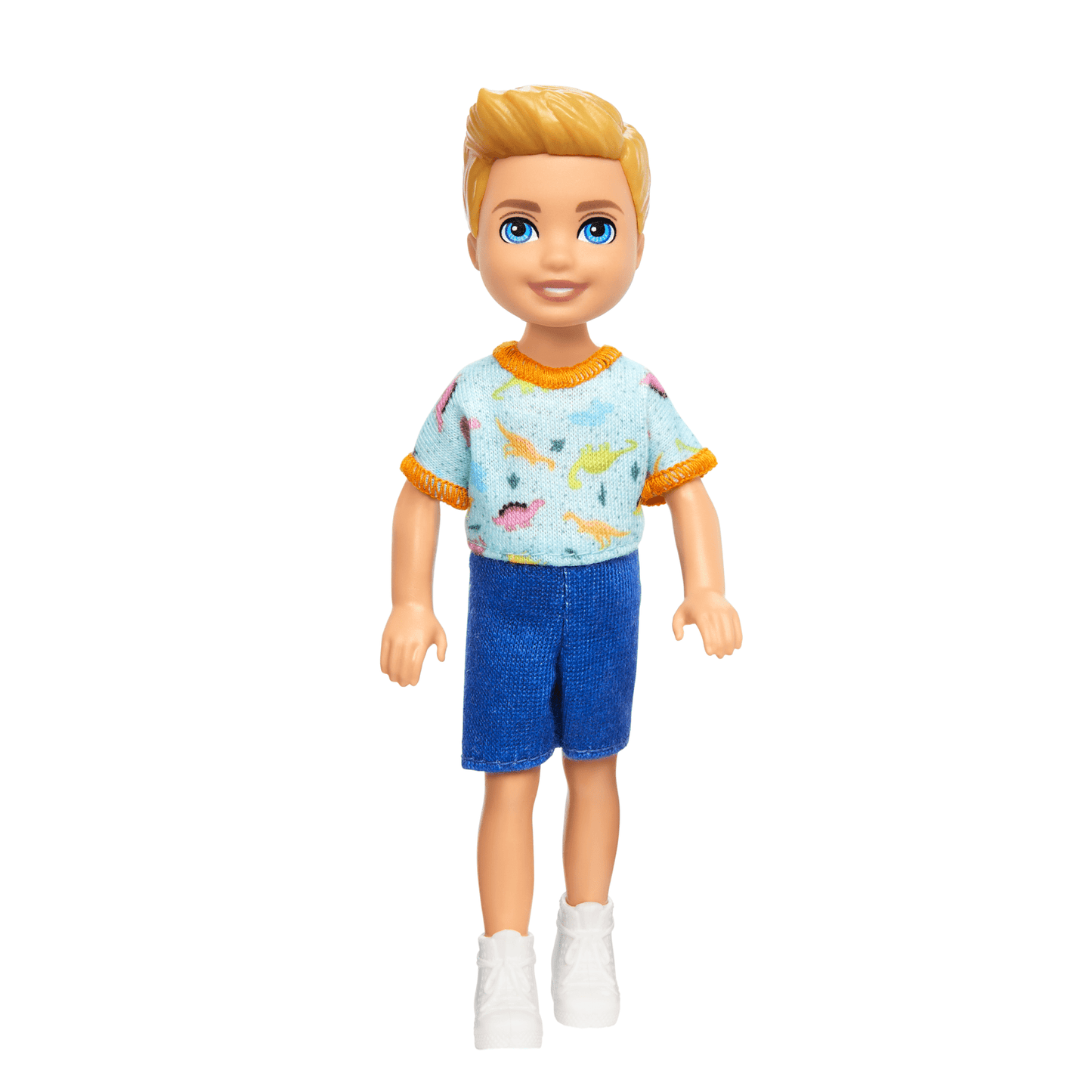 Barbie Chelsea Doll, Small Boy Doll Wearing Removable One-Piece With Dino Print, Blond Hair & Blue Eyes