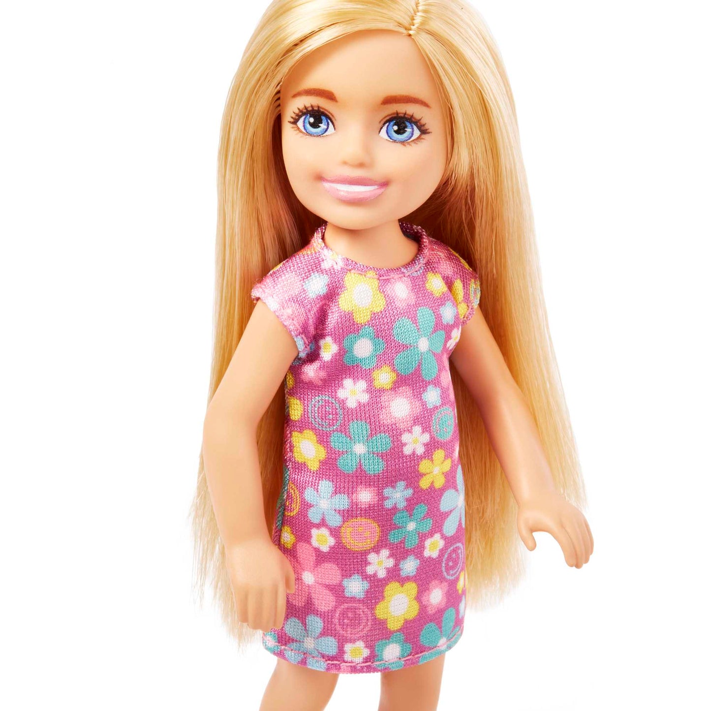Barbie Chelsea Doll, Small Doll Wearing Purple Flowered Dress With Blond Hair & Blue Eyes