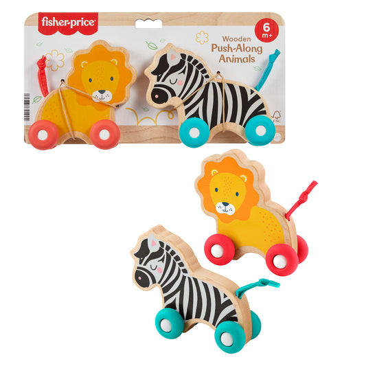 Fisher-Price Wooden Push Along Animals, Lion & Zebra Toy Vehicles For Baby Crawling Play